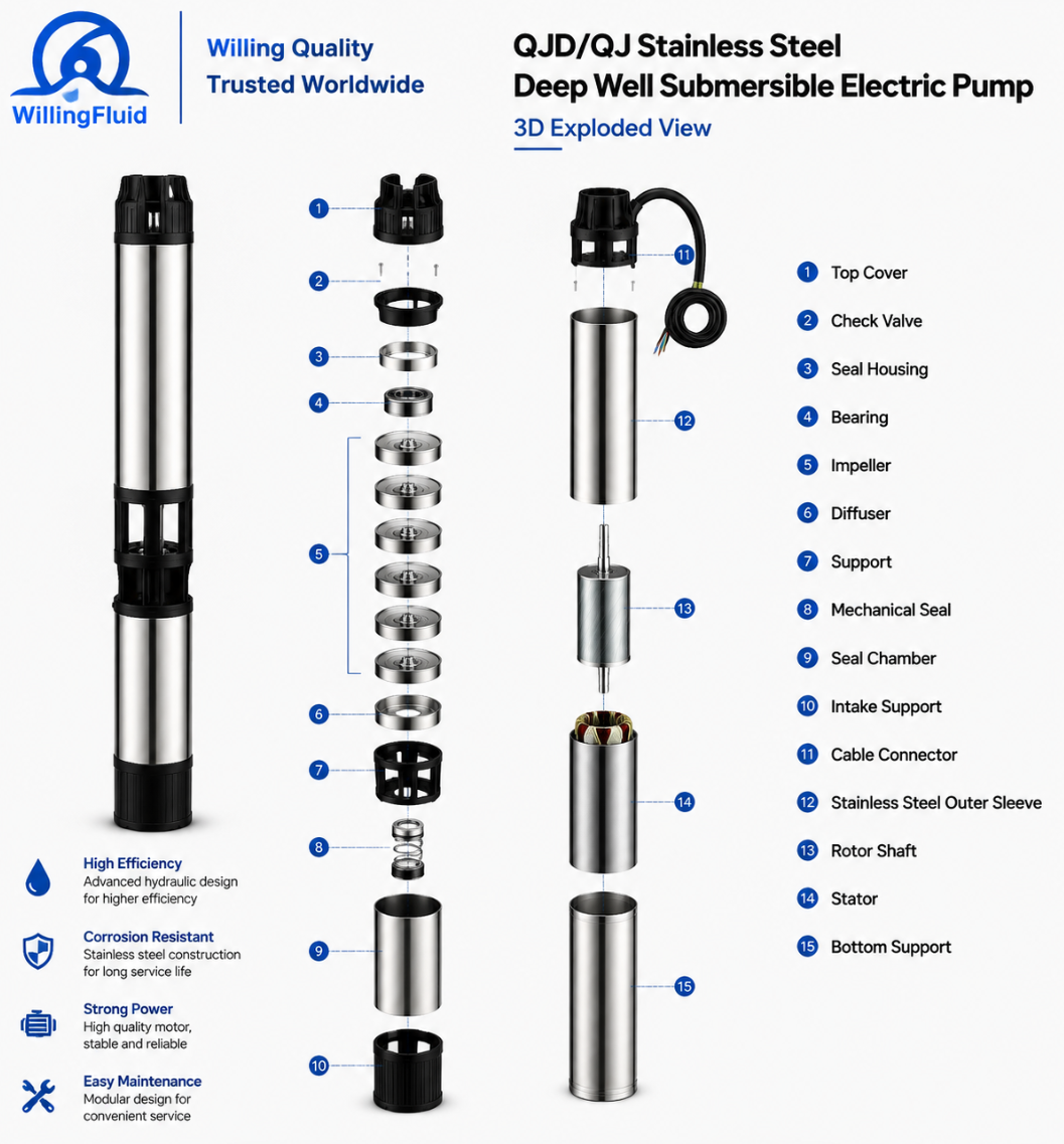QJD/QJ Stainless Steel Deep Well Submersible Electric Pump